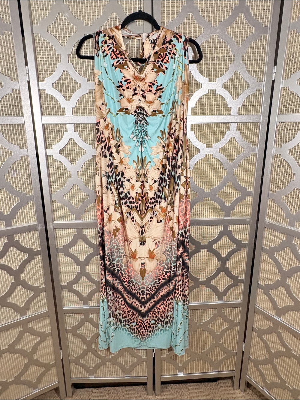 VENUS Aqua Floral and Leopard-Print Sleeveless HALTER Maxi Dress